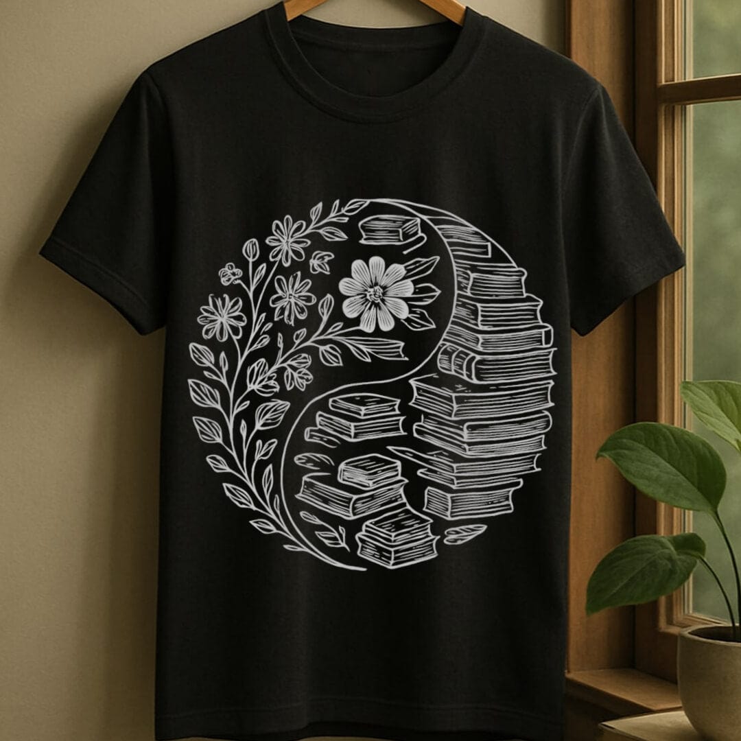 Black / S Balance of flowers and books t-shirt