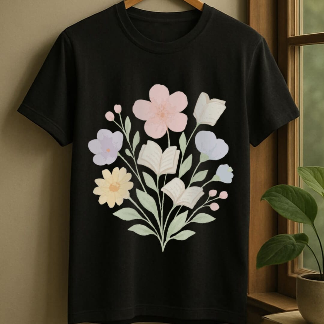 Black / S Blossoms and books bouquet t-shirt