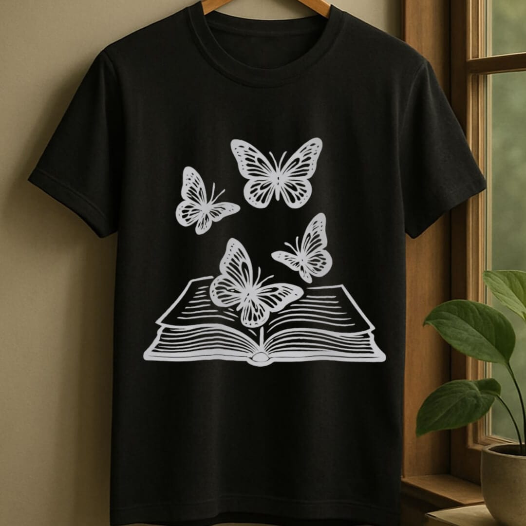 Black / S Book and butterfly t-shirt