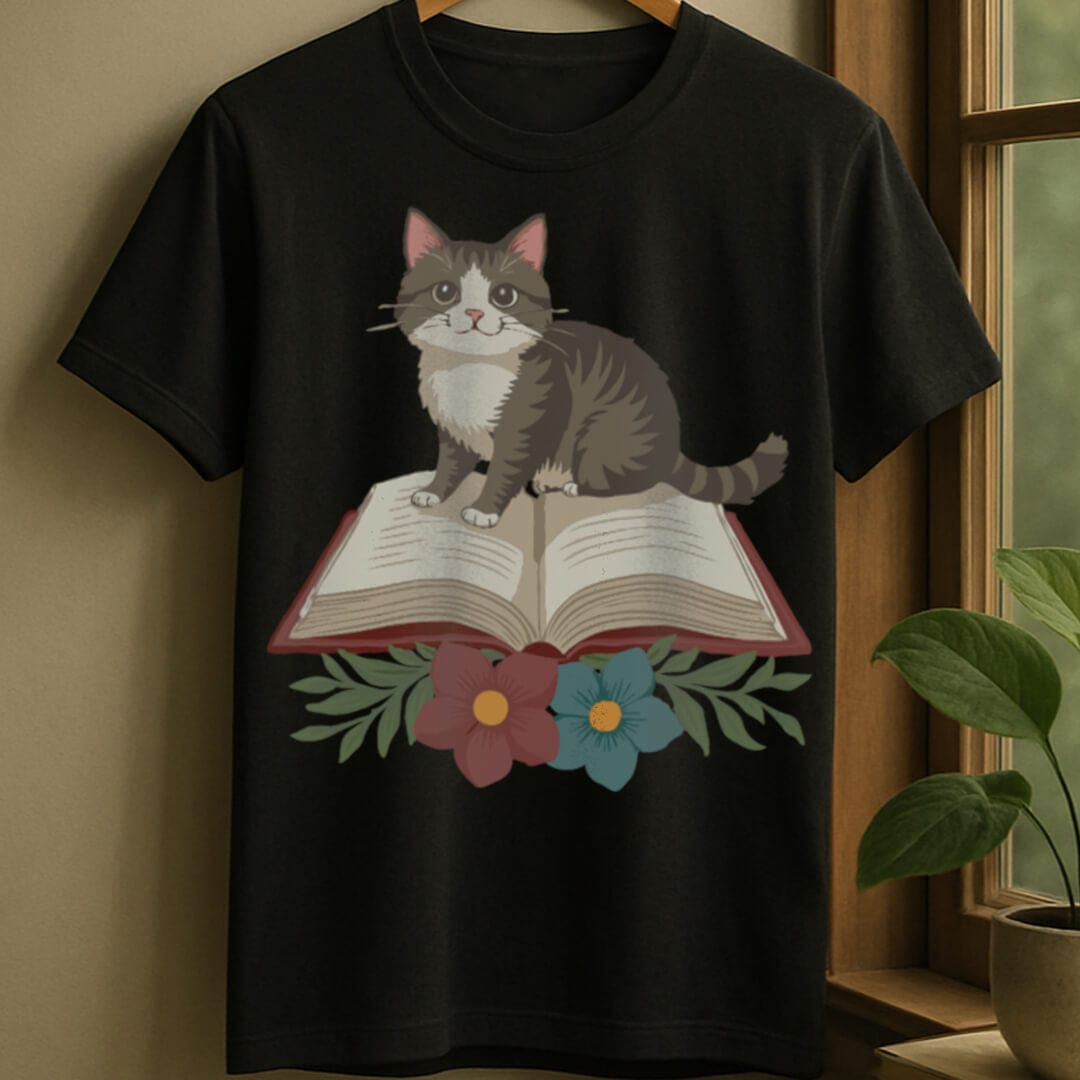 Black / S Cat flower books t-shirt