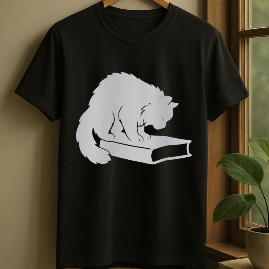 Black / S Cat sniffing book t-shirt