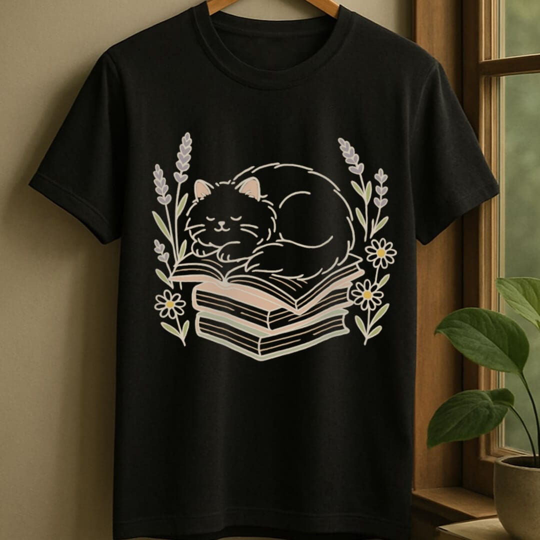 Black / S Cat with books t-shirt