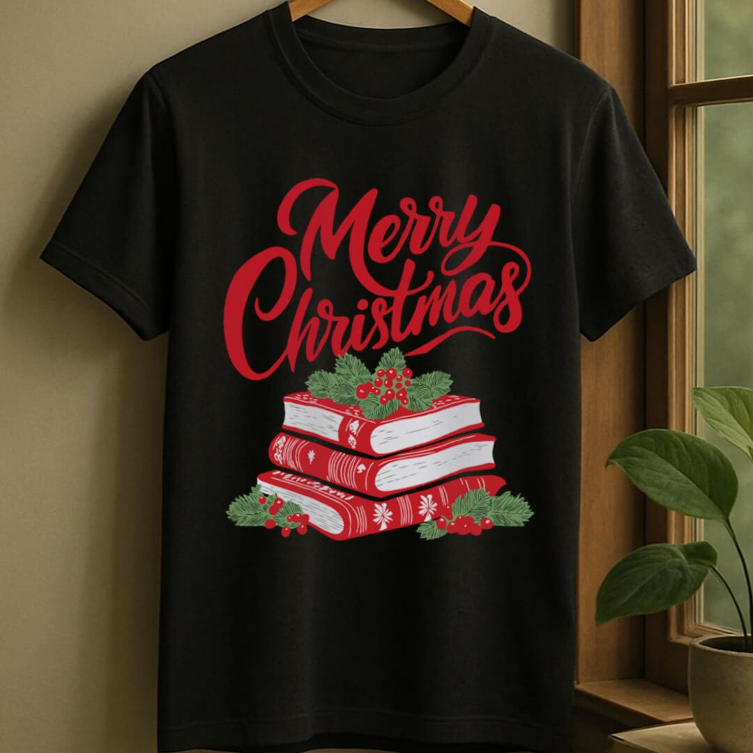 Black / S Merry bookish christmas t-shirt