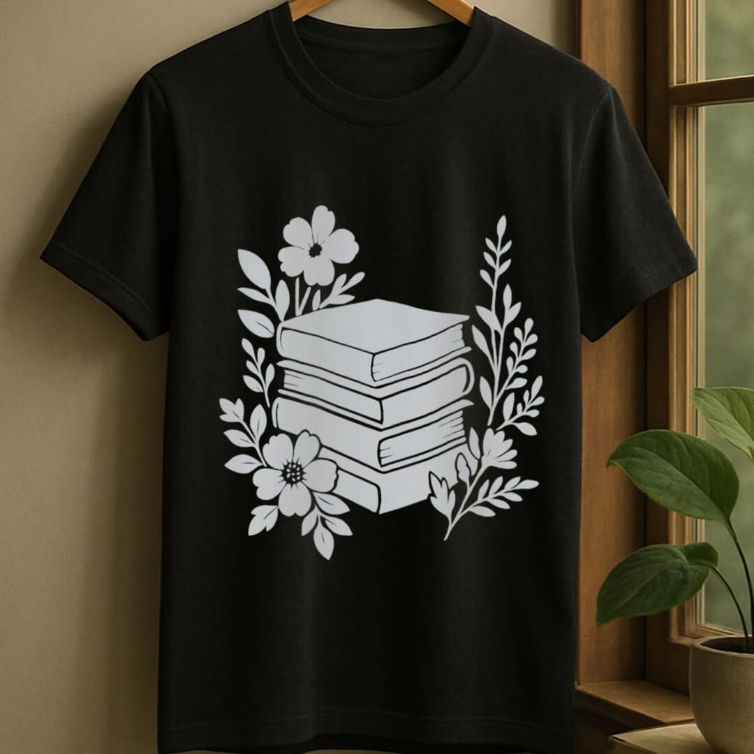 Black / S Minimal flowery books t-shirt