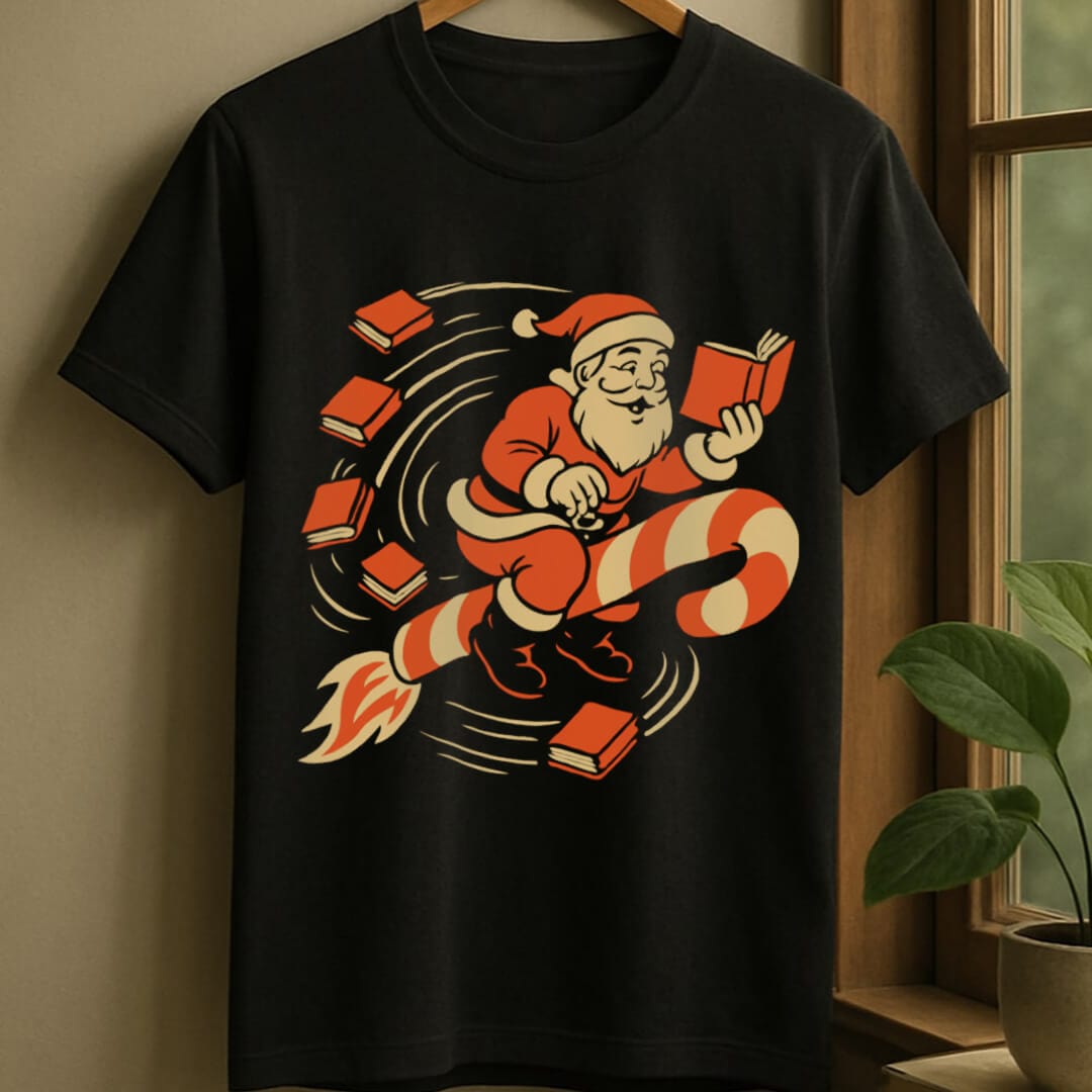 Black / S Rocket reading santa t-shirt