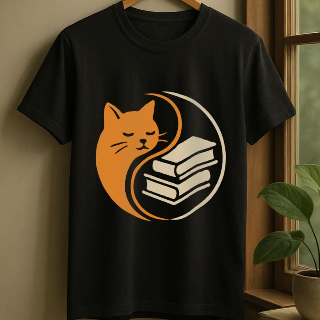 Black / S Yin yang books and cats t-shirt