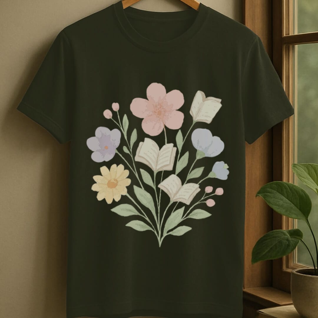 Military Green / S Blossoms and books bouquet t-shirt