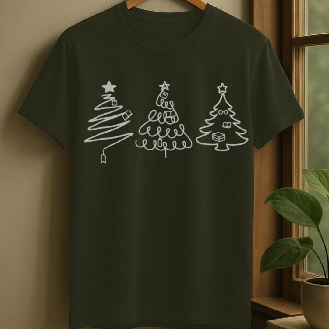 Military Green / S Bookish christmas trees t-shirt