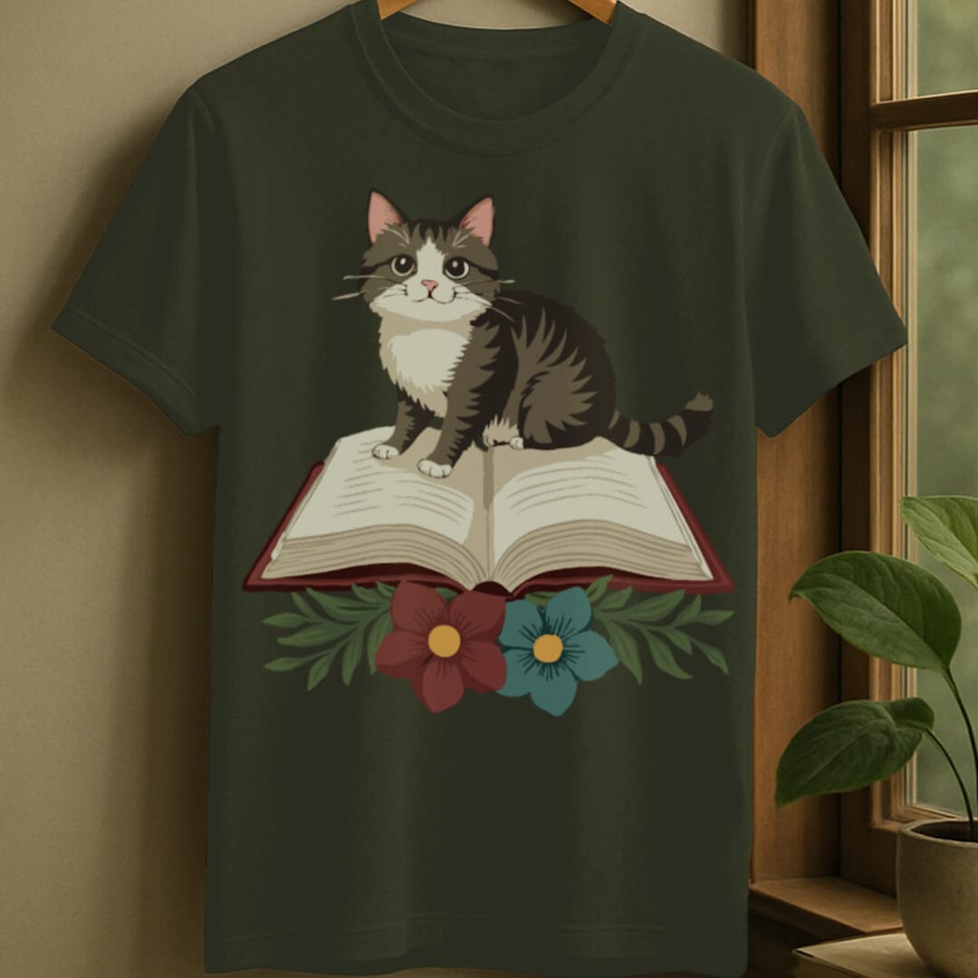 Military Green / S Cat flower books t-shirt