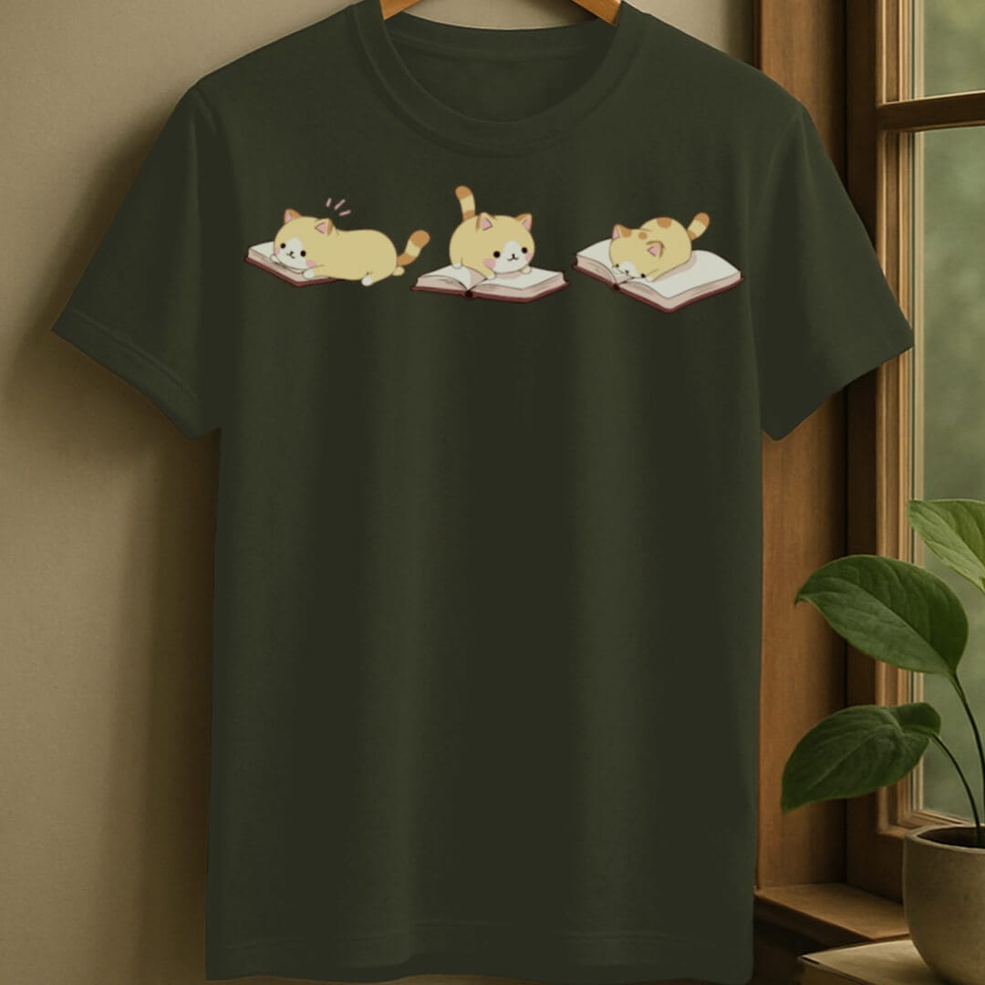Military Green / S Cats and books t-shirt