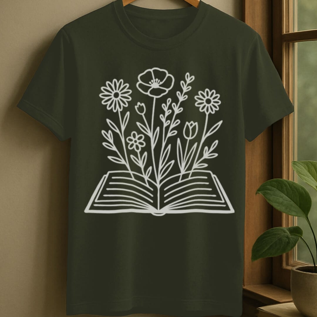 Military Green / S Flower book t-shirt