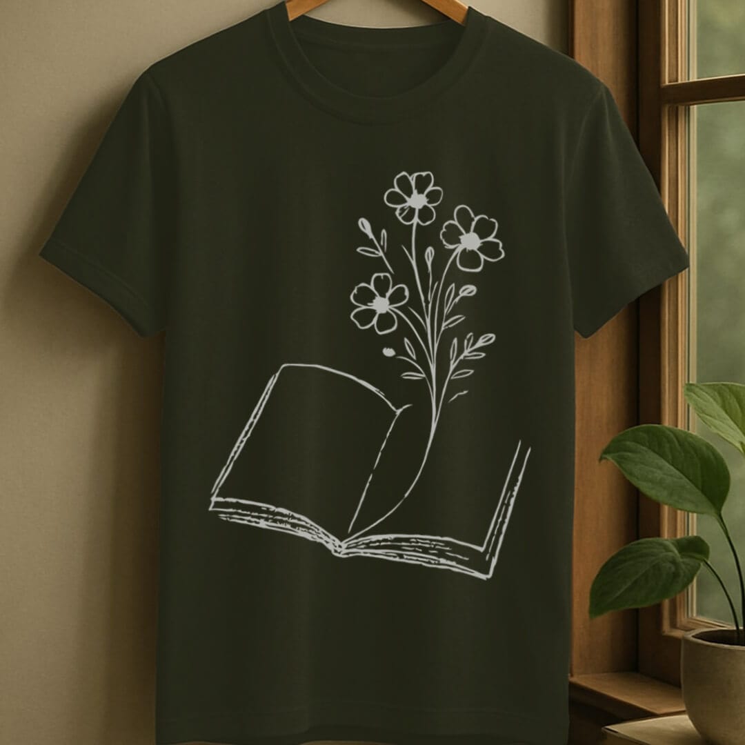 Military Green / S Flower bookmark t-shirt