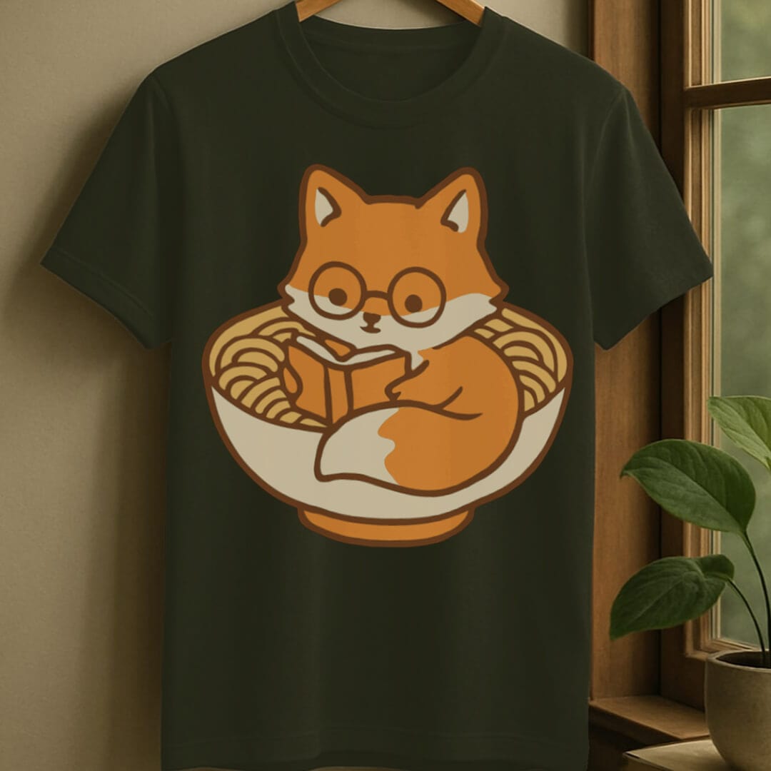 Military Green / S Fox reading in ramen bowl t-shirt