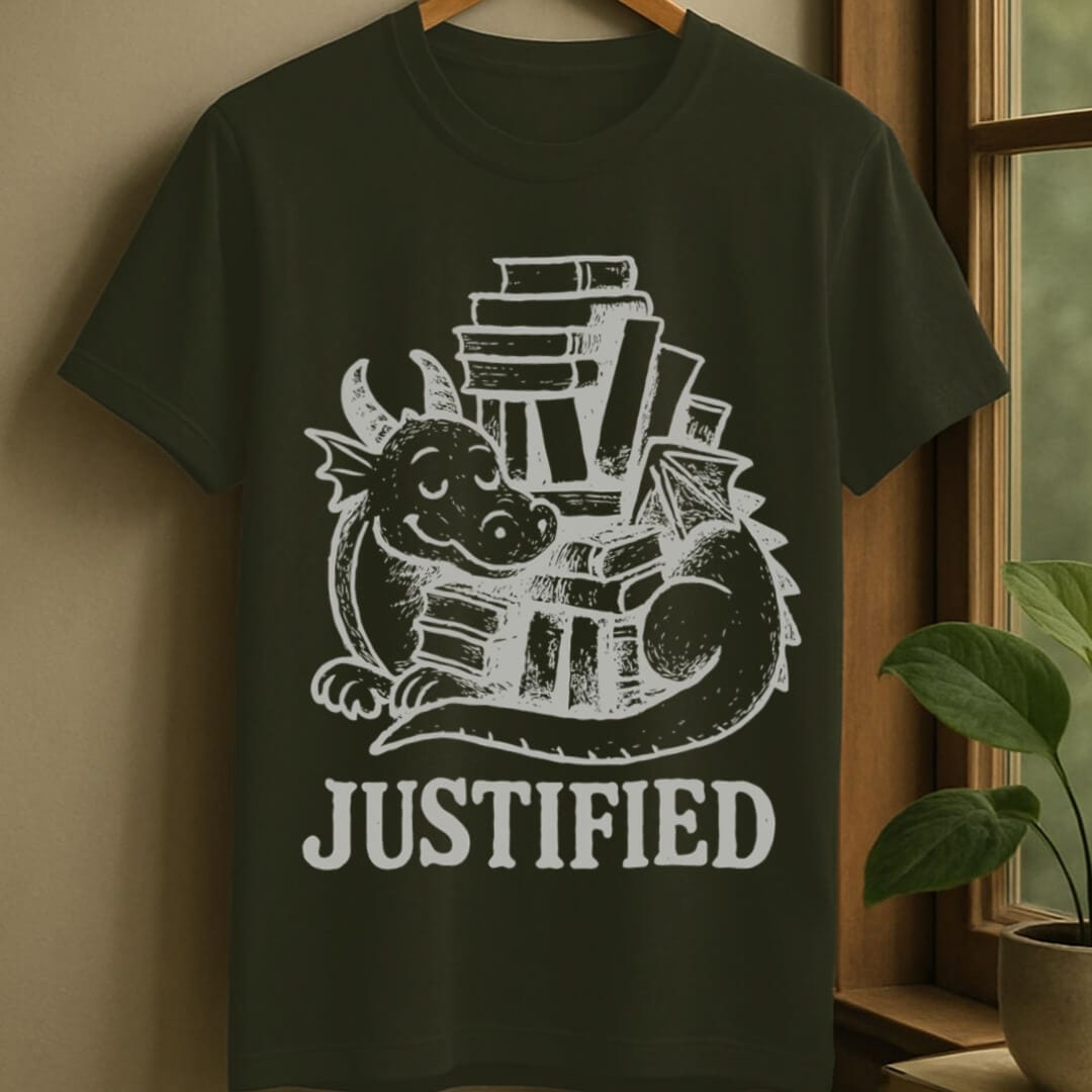 Military Green / S Justified book hoarding t-shirt