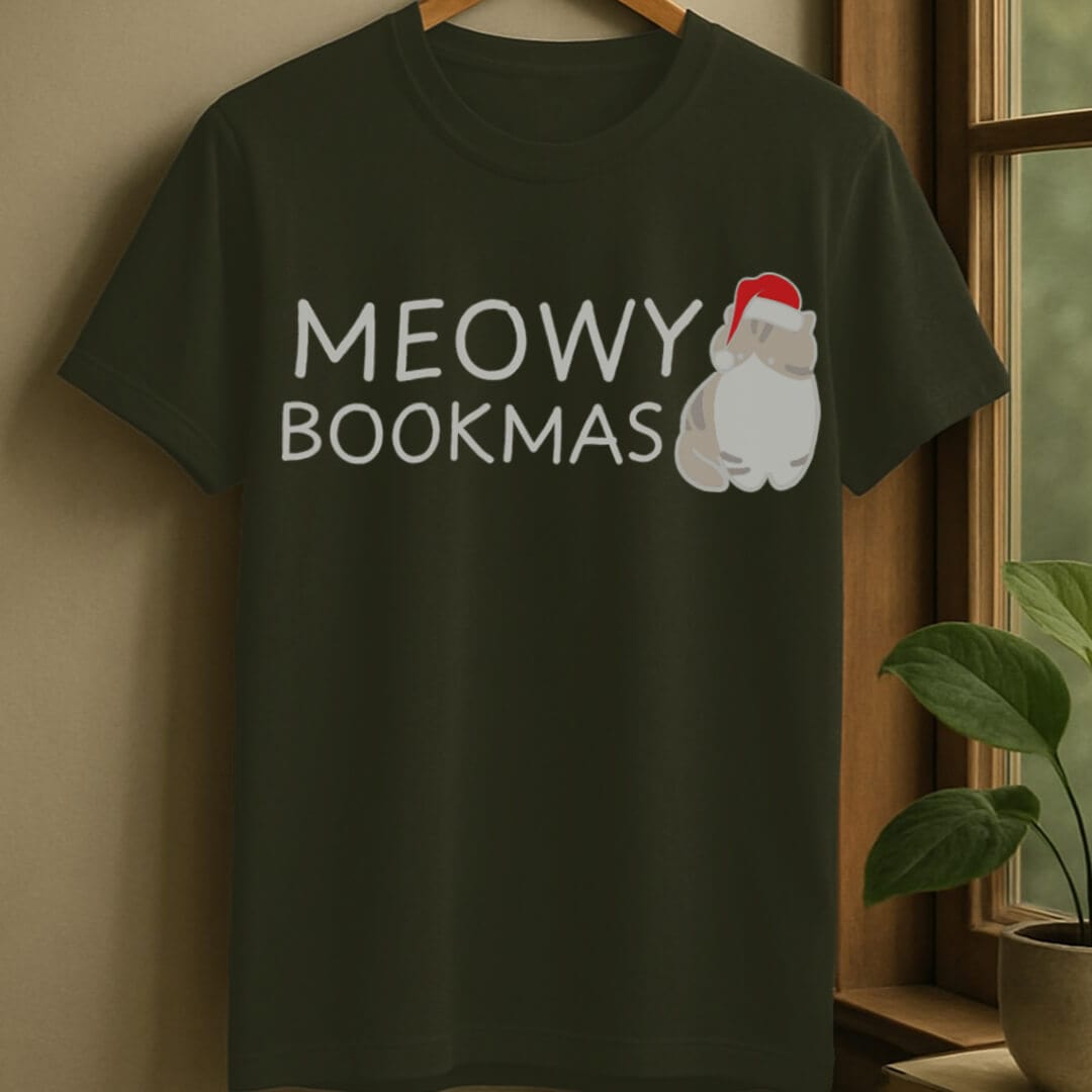 Military Green / S Meowy bookmas t-shirt