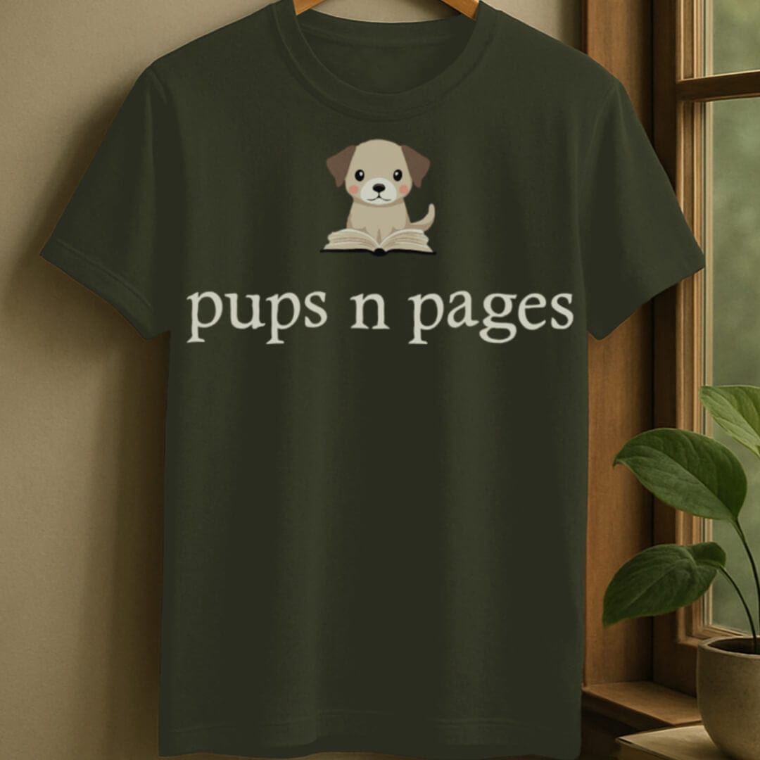Military Green / S Pups and pages t-shirt