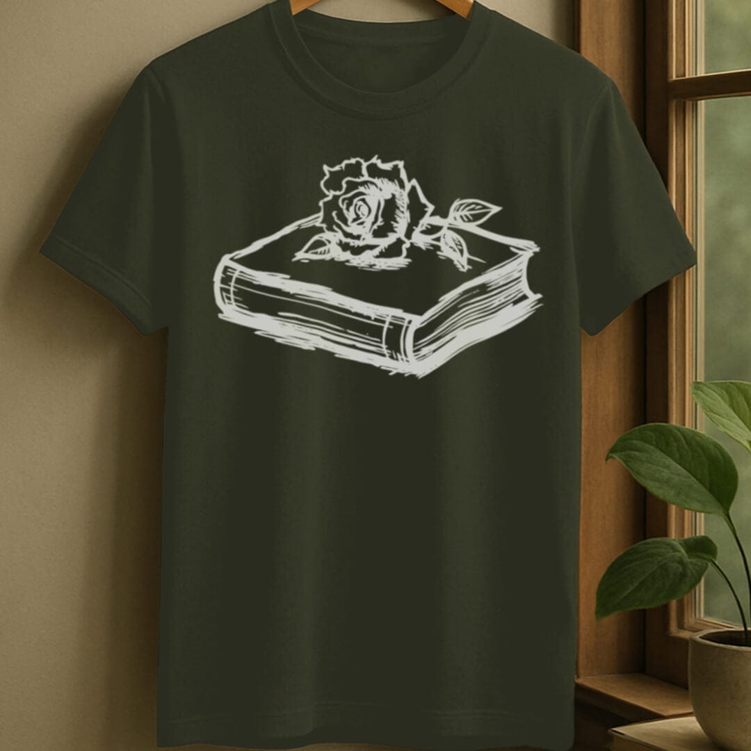 Military Green / S Rose and book t-shirt