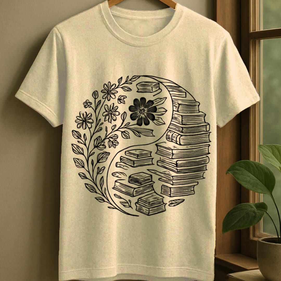 Natural / S Balance of flowers and books t-shirt