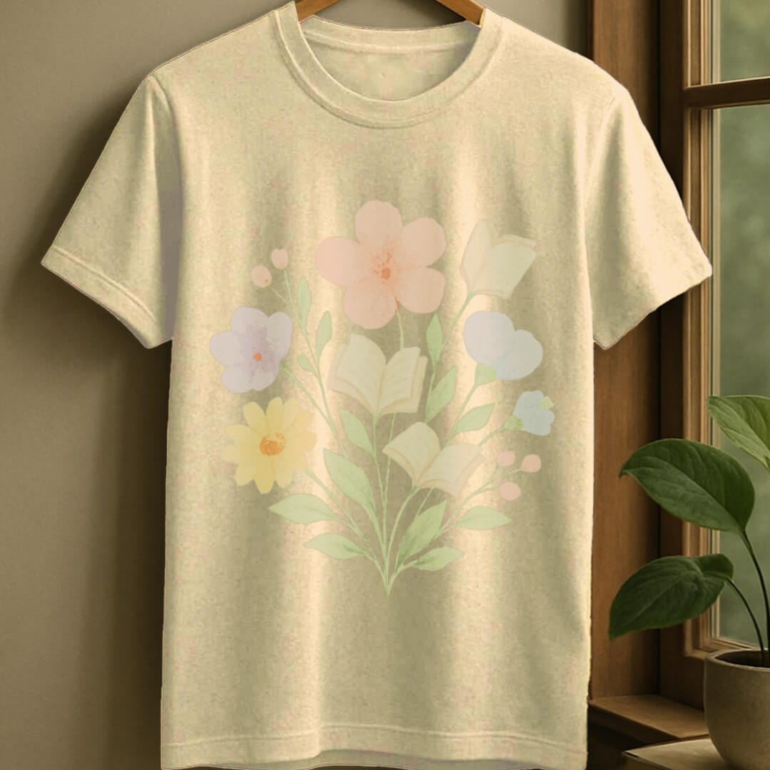 Natural / S Blossoms and books bouquet t-shirt