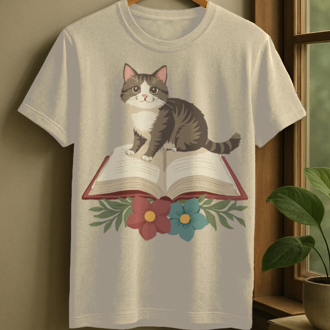 Natural / S Cat flower books t-shirt