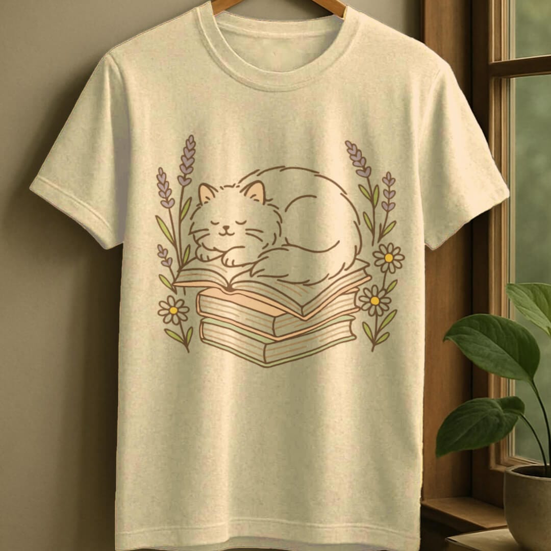 Natural / S Cat with books t-shirt