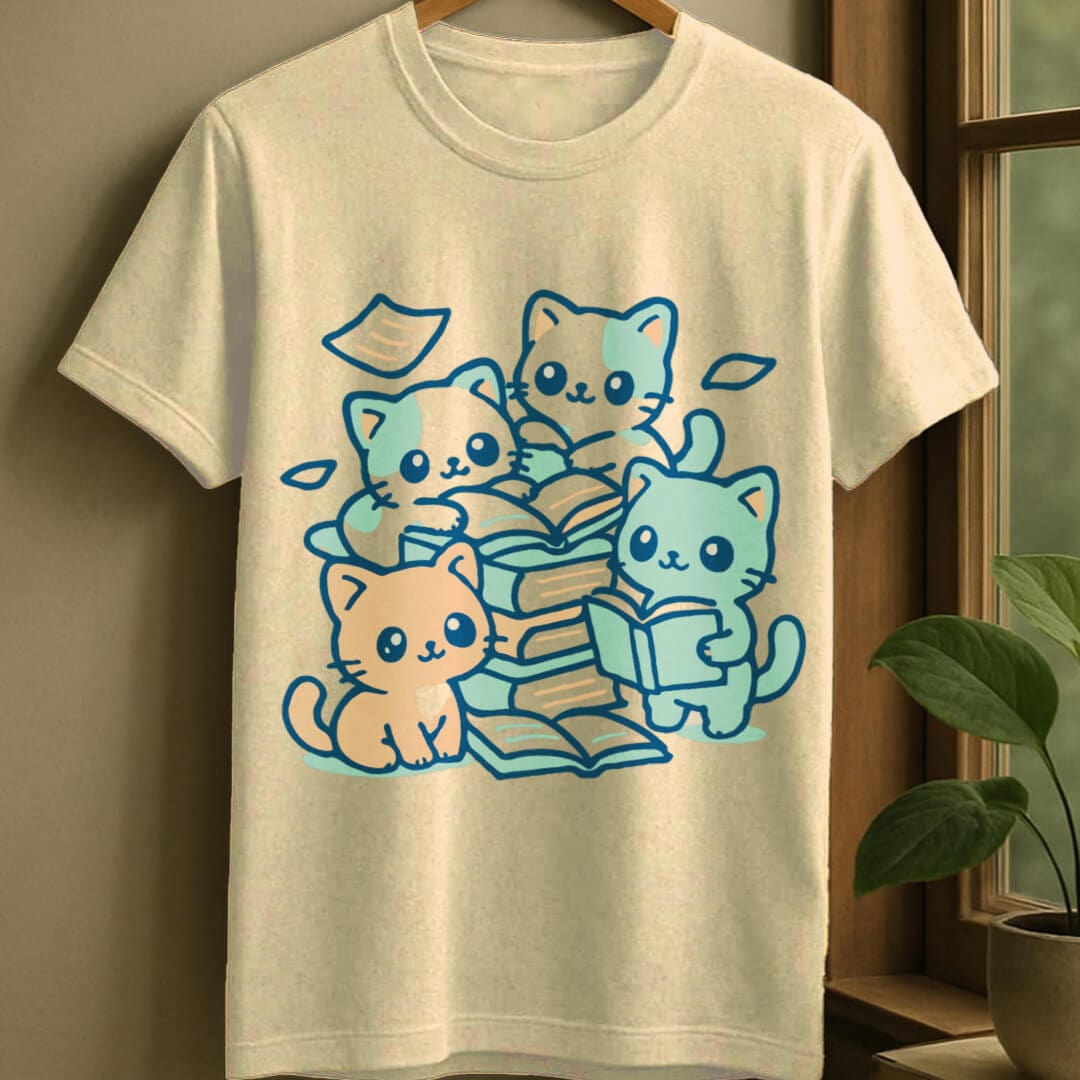 Natural / S Cats reading adventure t-shirt