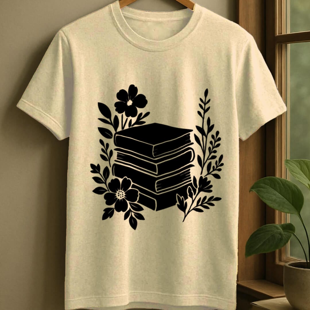 Natural / S Minimal flowery books t-shirt