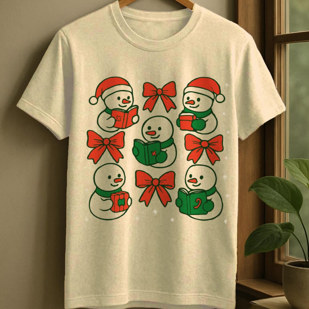 Natural / S Snowman & christmas t-shirt