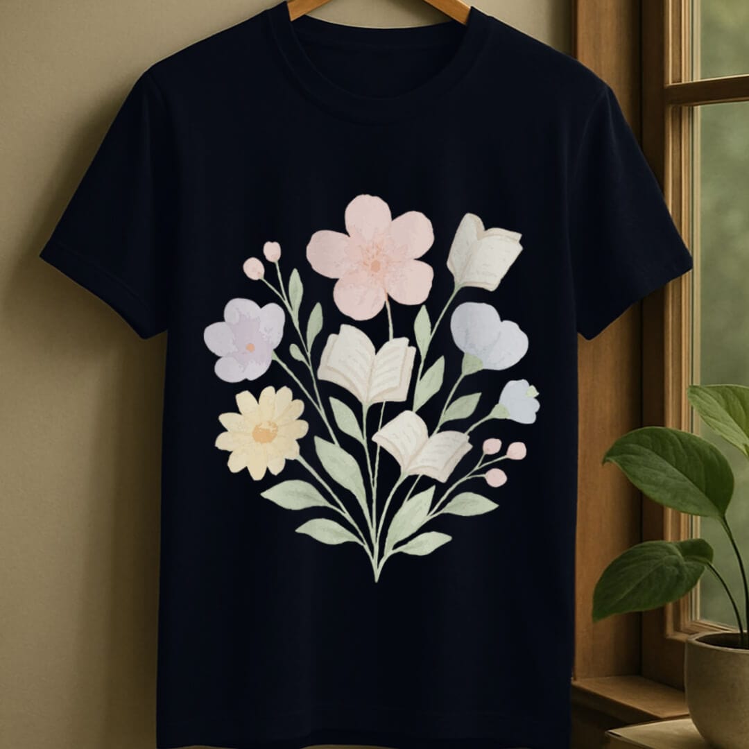 Navy / S Blossoms and books bouquet t-shirt