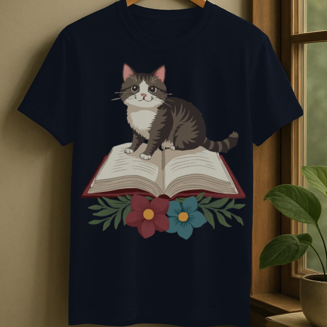 Navy / S Cat flower books t-shirt