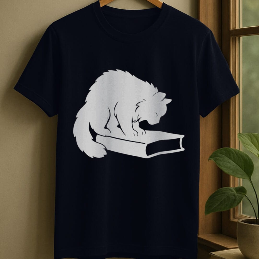 Navy / S Cat sniffing book t-shirt