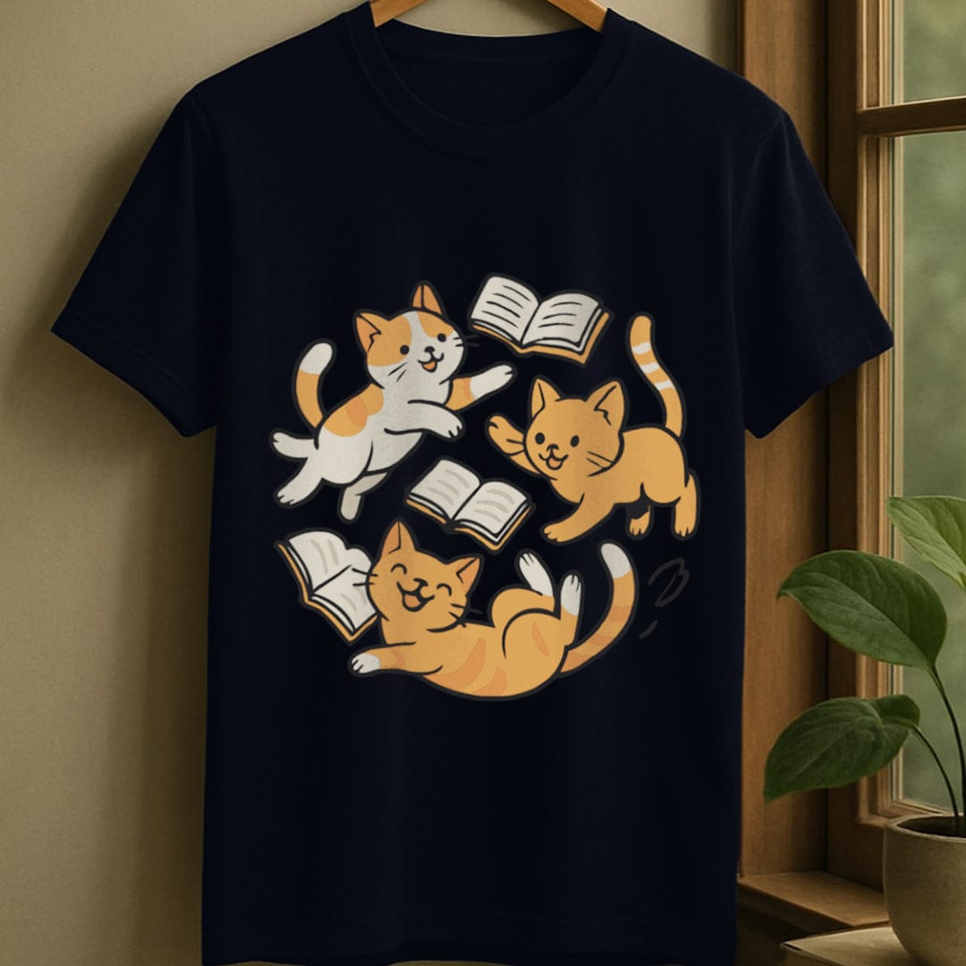 Navy / S Playful cats with books t-shirt