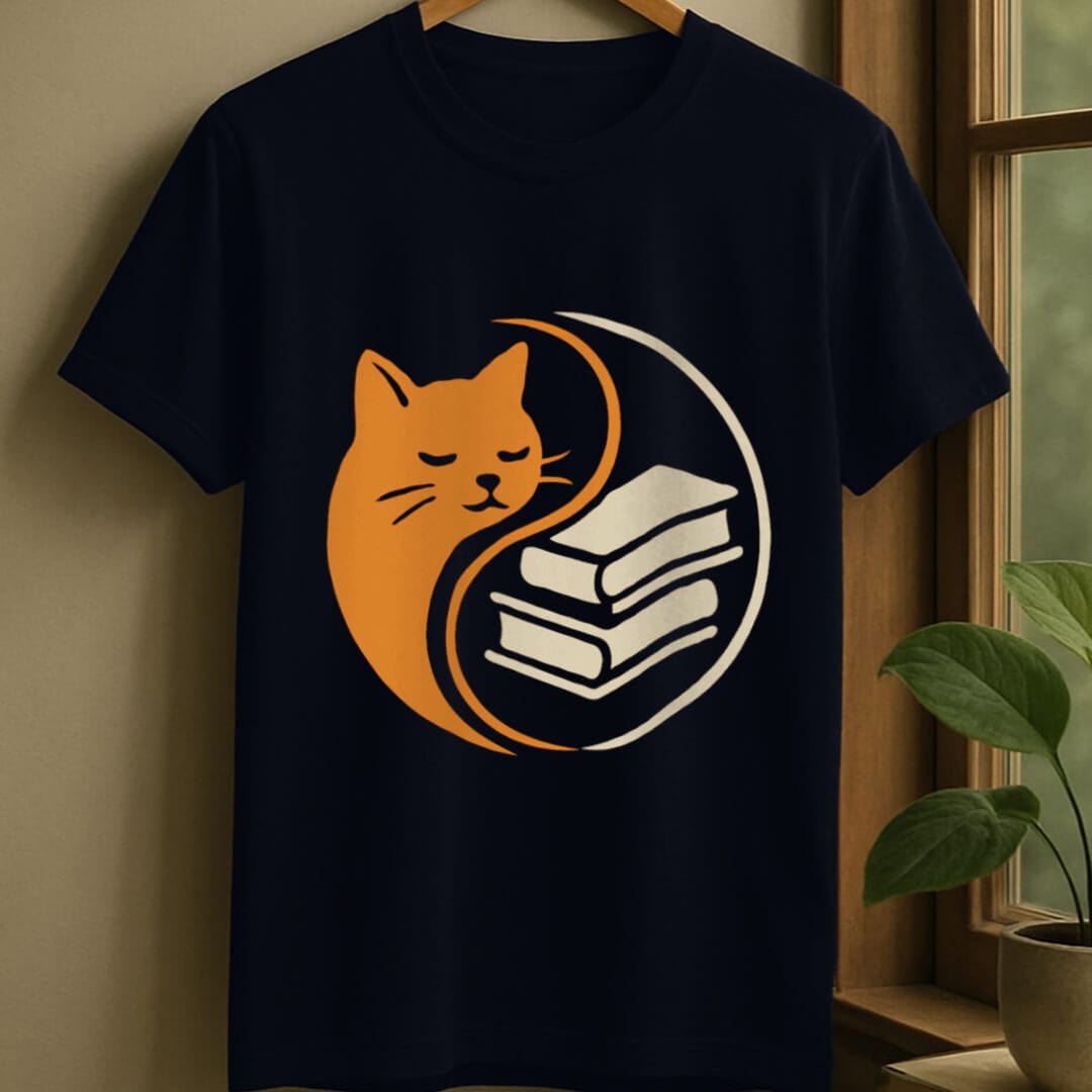 Navy / S Yin yang books and cats t-shirt