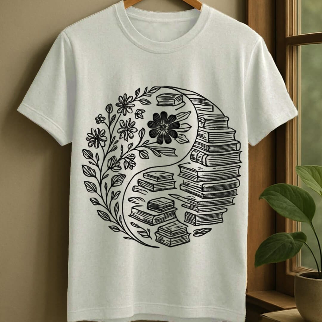 White / S Balance of flowers and books t-shirt
