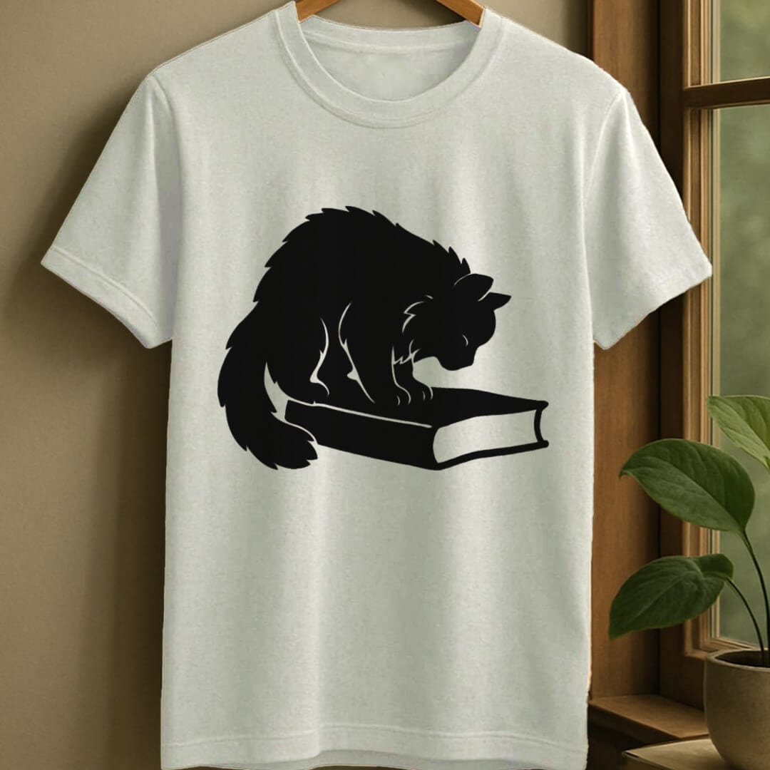 White / S Cat sniffing book t-shirt
