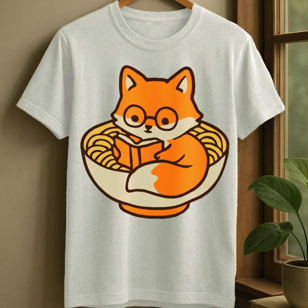 White / S Fox reading in ramen bowl t-shirt