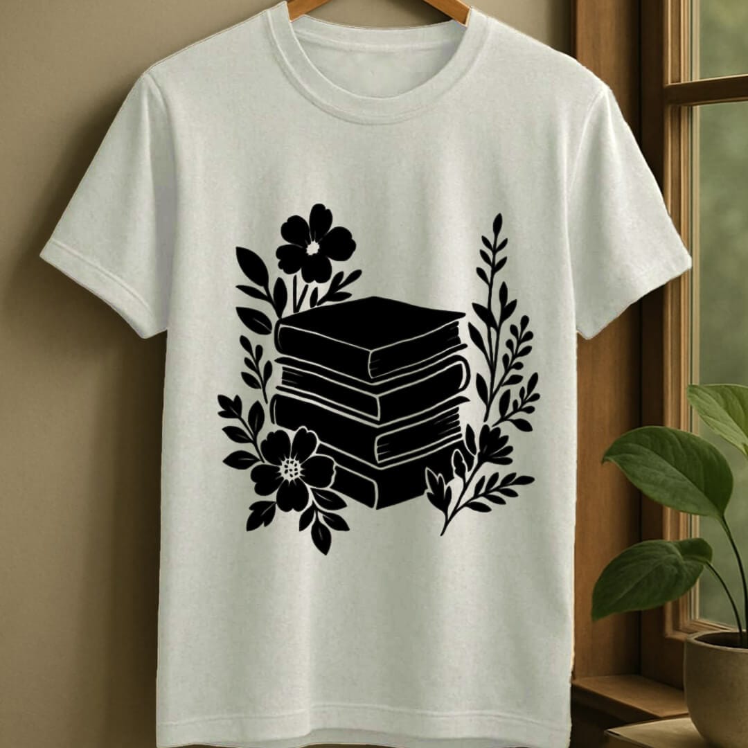 White / S Minimal flowery books t-shirt