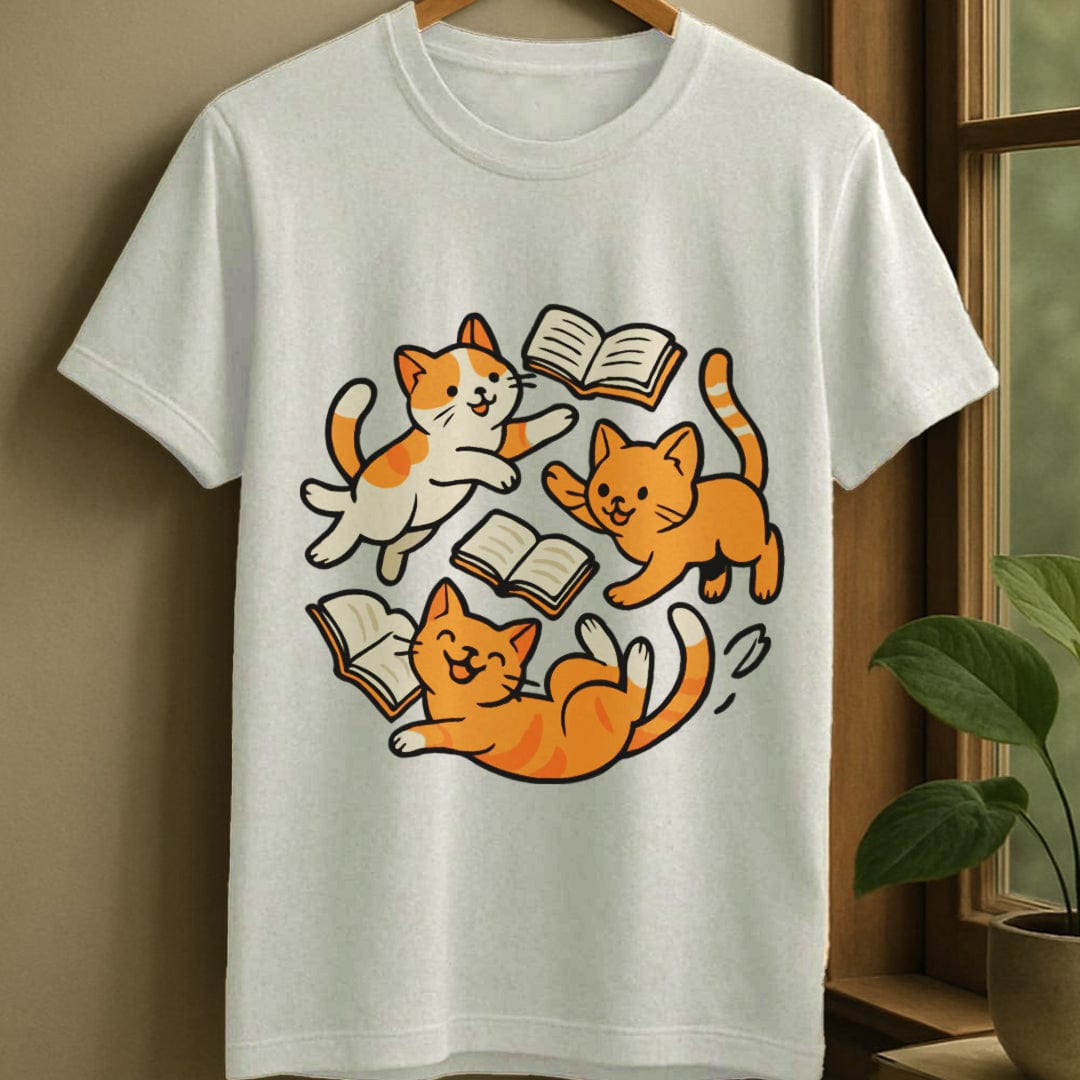 White / S Playful cats with books t-shirt