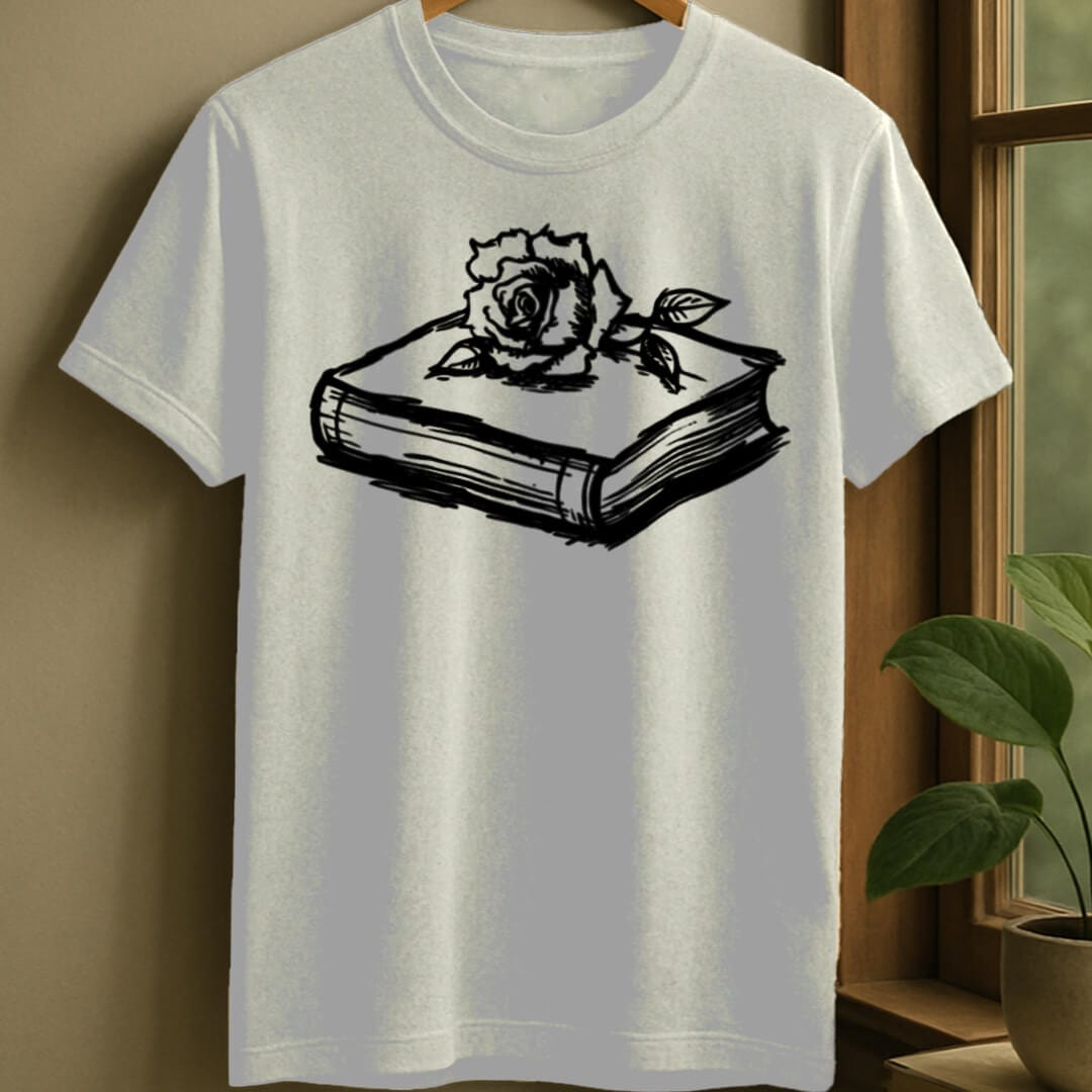 White / S Rose and book t-shirt