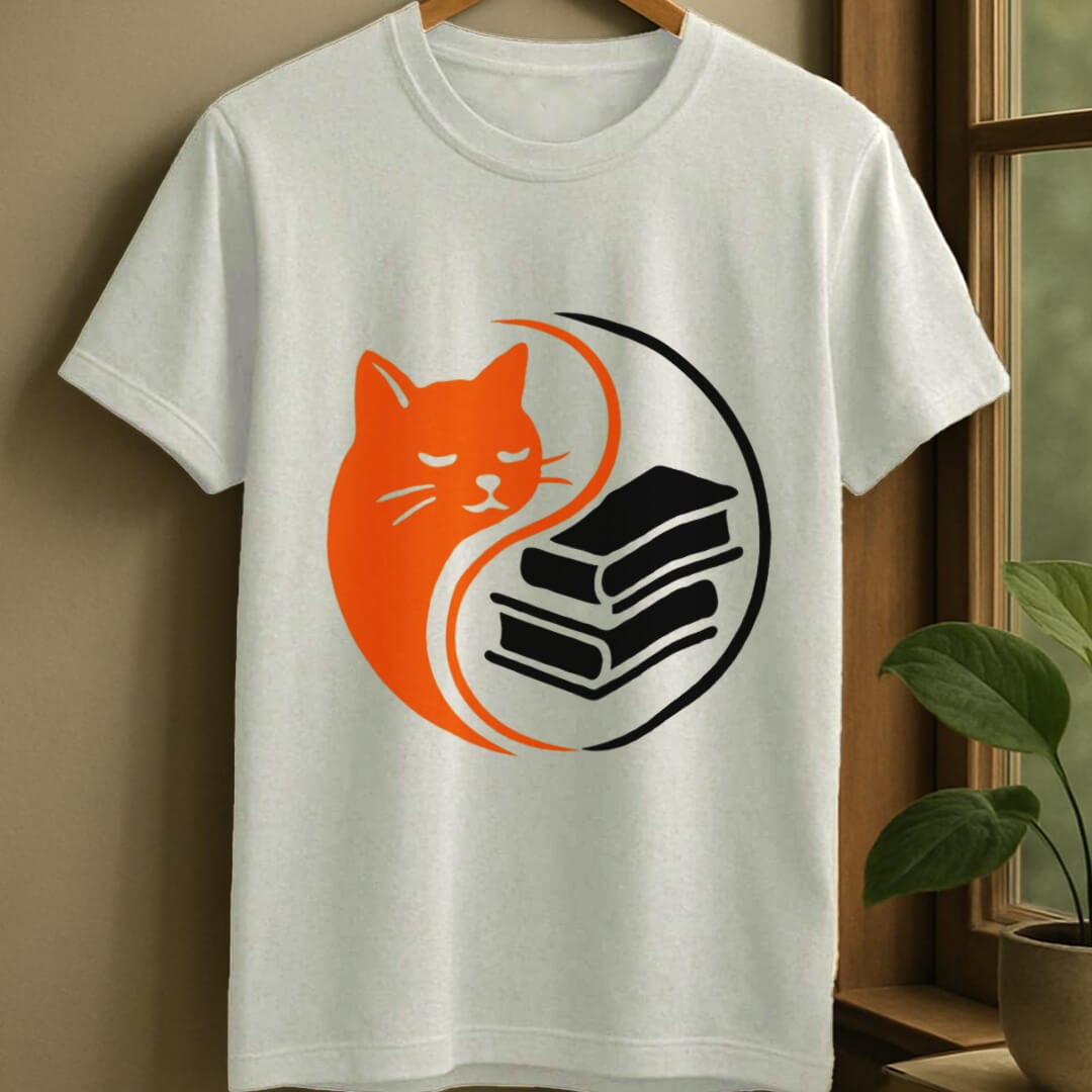 White / S Yin yang books and cats t-shirt