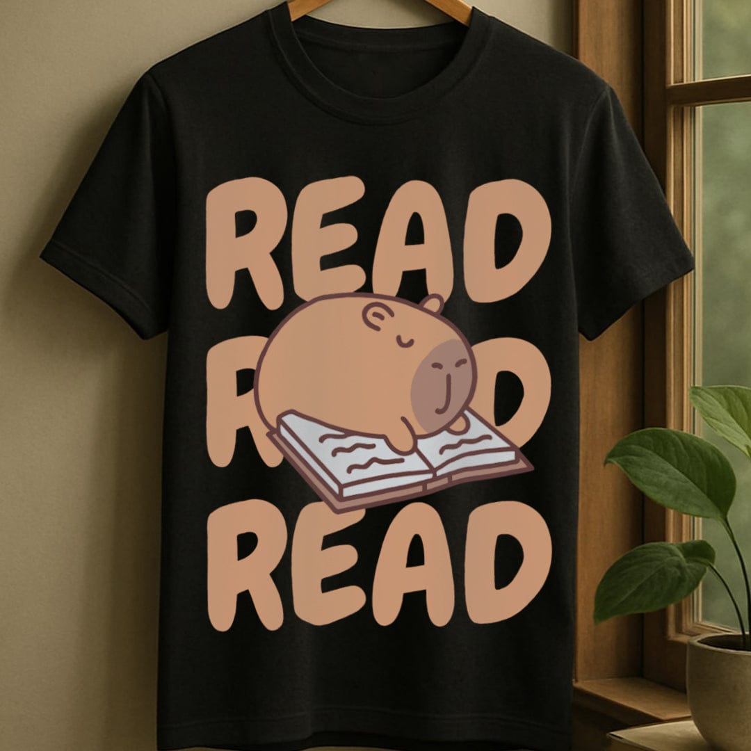 Black / S Capybara cute reading t-shirt