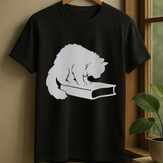 Black / S Cat sniffing book t-shirt