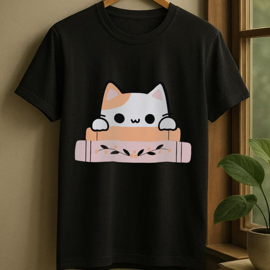 Black / S Cute cat peaking t-shirt