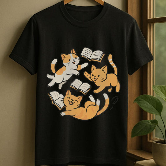 Black / S Playful cats with books t-shirt