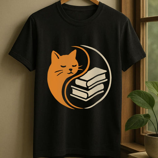 Black / S Yin yang books and cats t-shirt