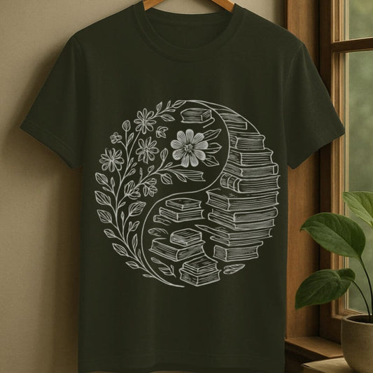 Military Green / S Balance of flowers and books t-shirt