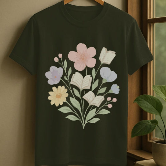 Military Green / S Blossoms and books bouquet t-shirt
