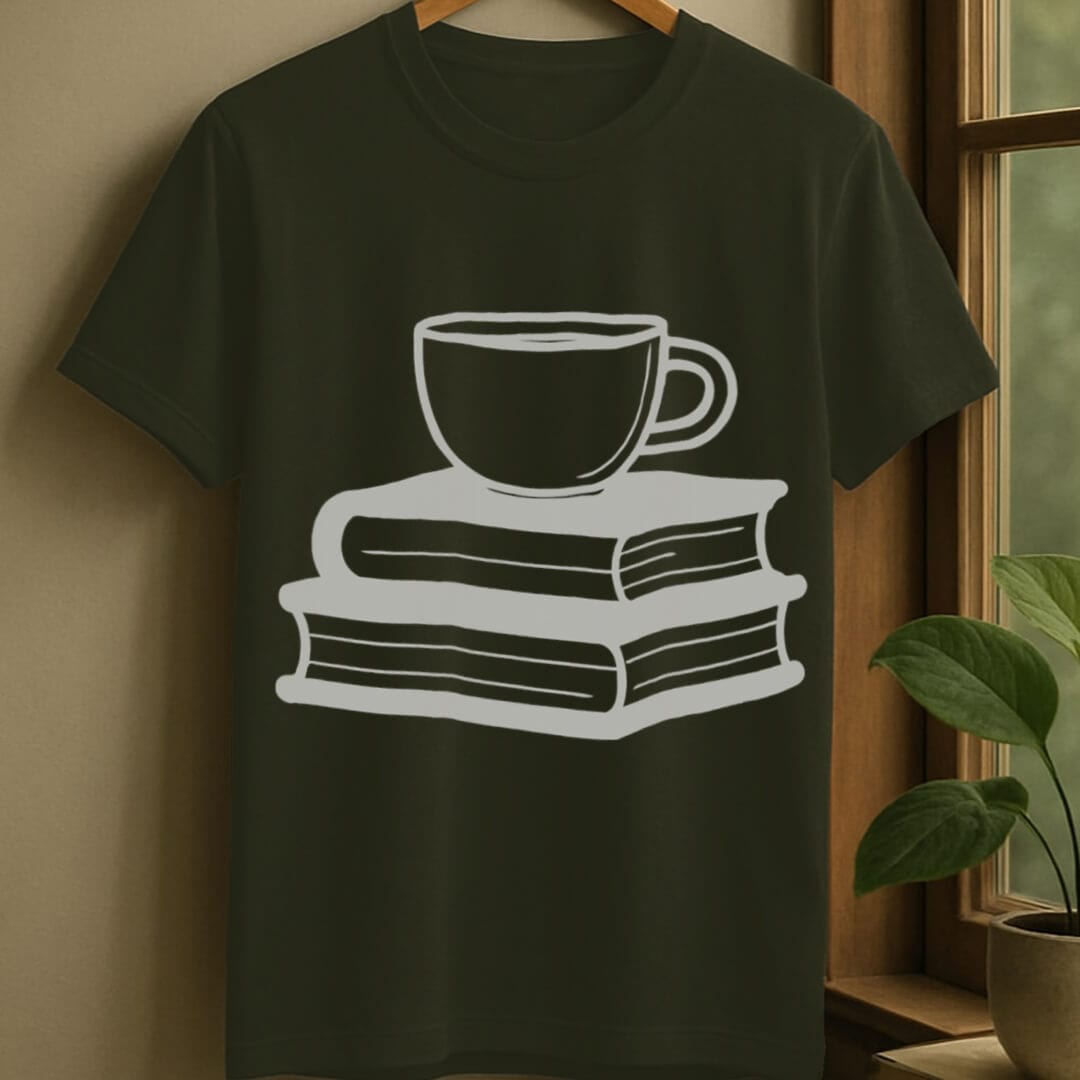 Military Green / S Books and coffee t-shirt