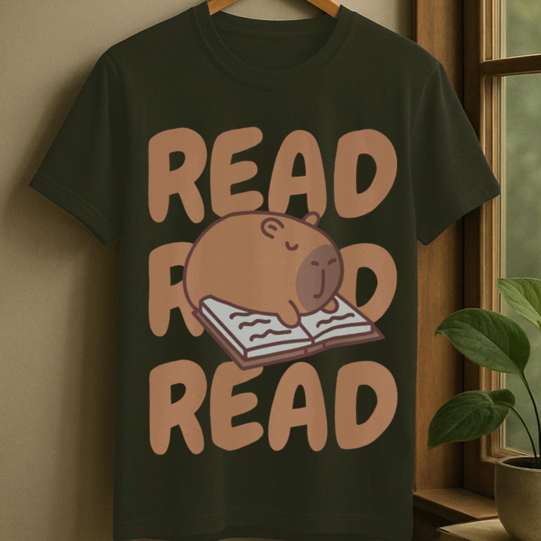 Military Green / S Capybara cute reading t-shirt