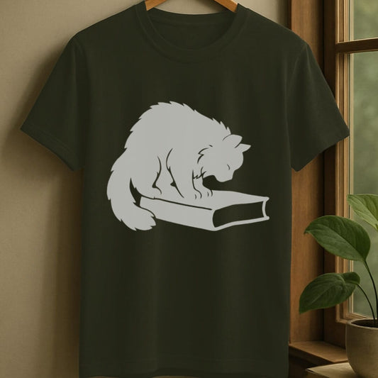 Military Green / S Cat sniffing book t-shirt